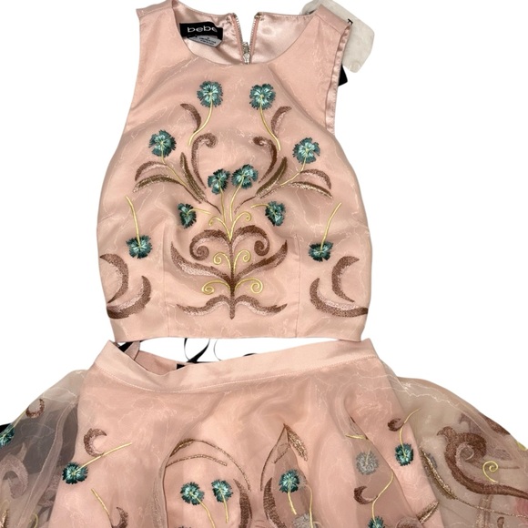 NWT bebe blush pink floral 2 piece embroidered flare sheer top dress sz 00 - Picture 5 of 10